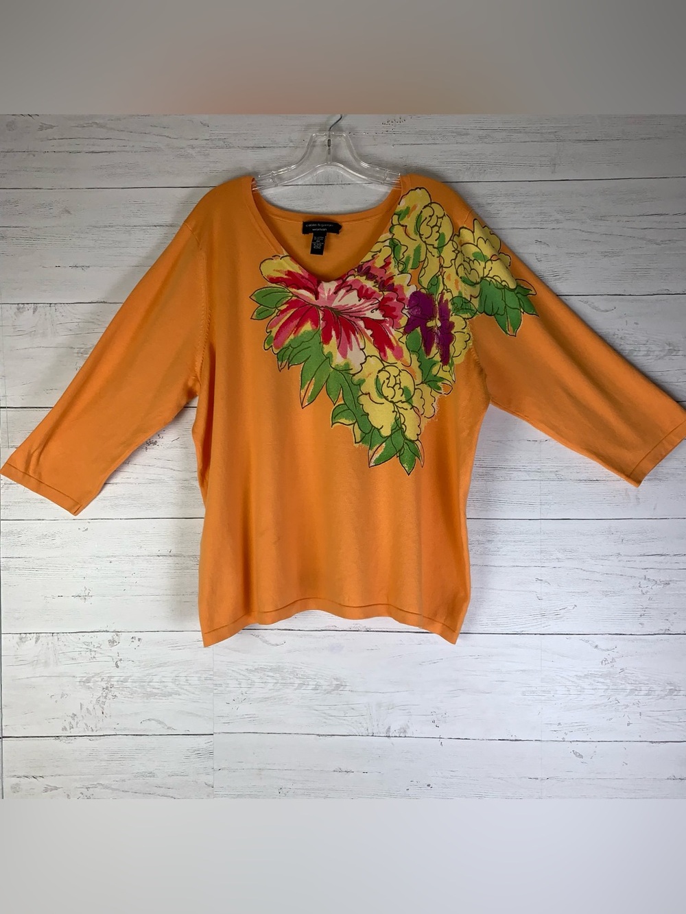 Cable & Gauge orange knit floral top 3/4 sleeves women's size 2X plus
